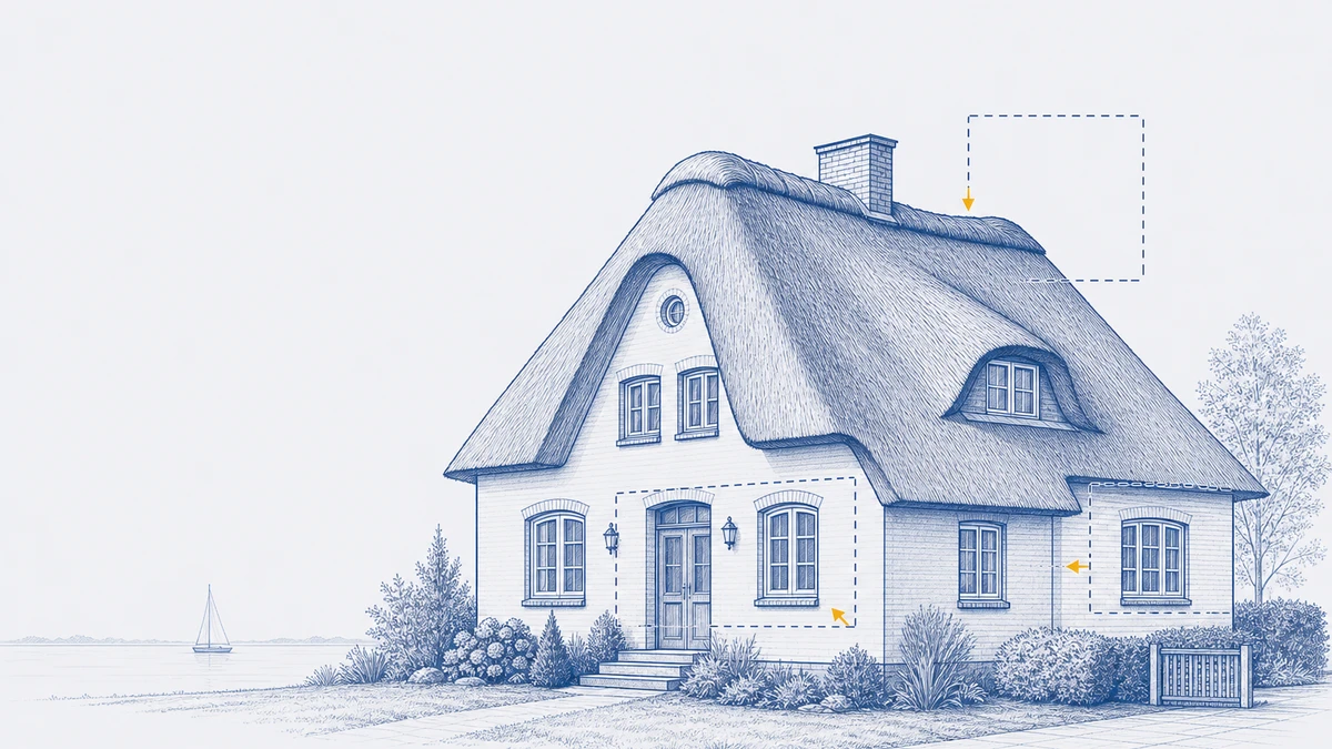 Reetdach-Landhaus am Zwischenahner Meer — Blueprint-Illustration mit Sanierungsebenen