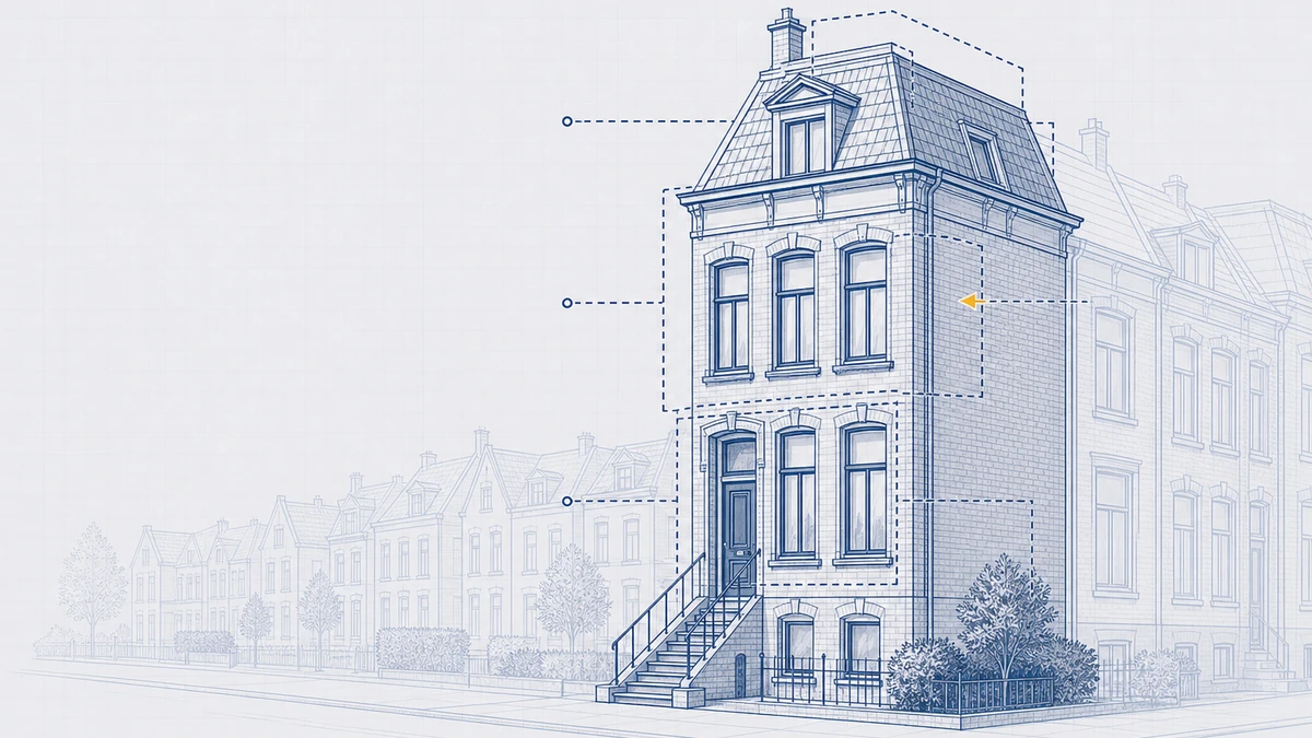 Bremer Haus — schmales Gründerzeit-Reihenhaus in Bremen — Blueprint-Illustration mit Sanierungsebenen