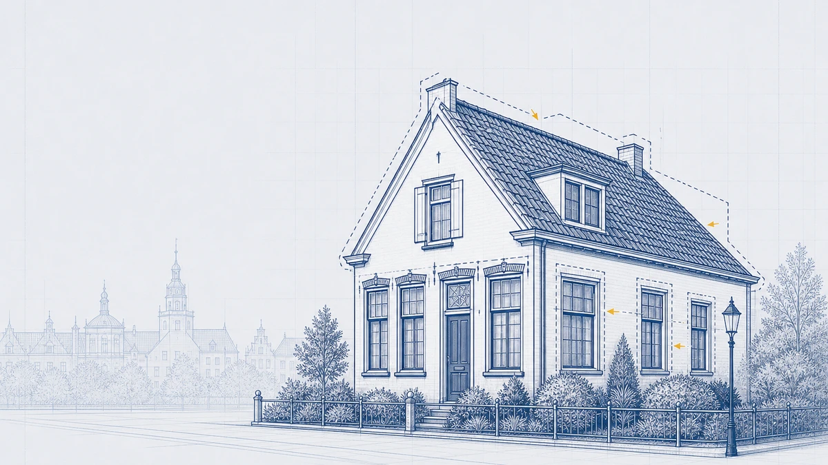 Denkmalgeschützte Altstadt in Jever mit Schloss — Blueprint-Illustration mit Sanierungsebenen