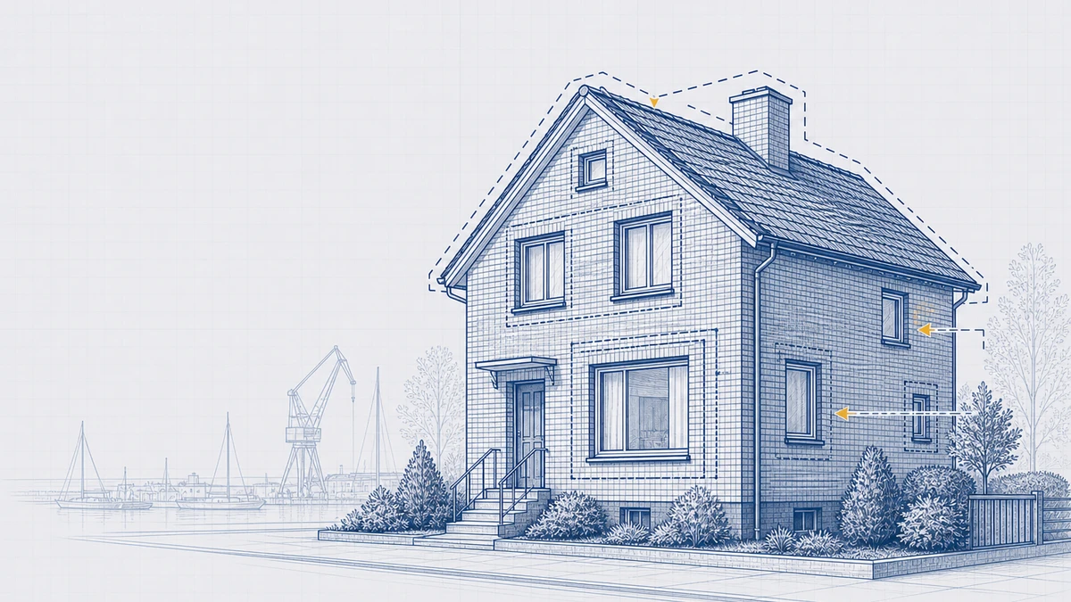 Küstennahes Backstein-Einfamilienhaus in Varel am Jadebusen — Blueprint-Illustration mit Sanierungsebenen