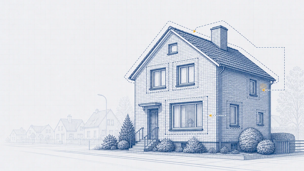 Münsterländer Backstein-Einfamilienhaus in Vechta — Blueprint-Illustration mit Sanierungsebenen
