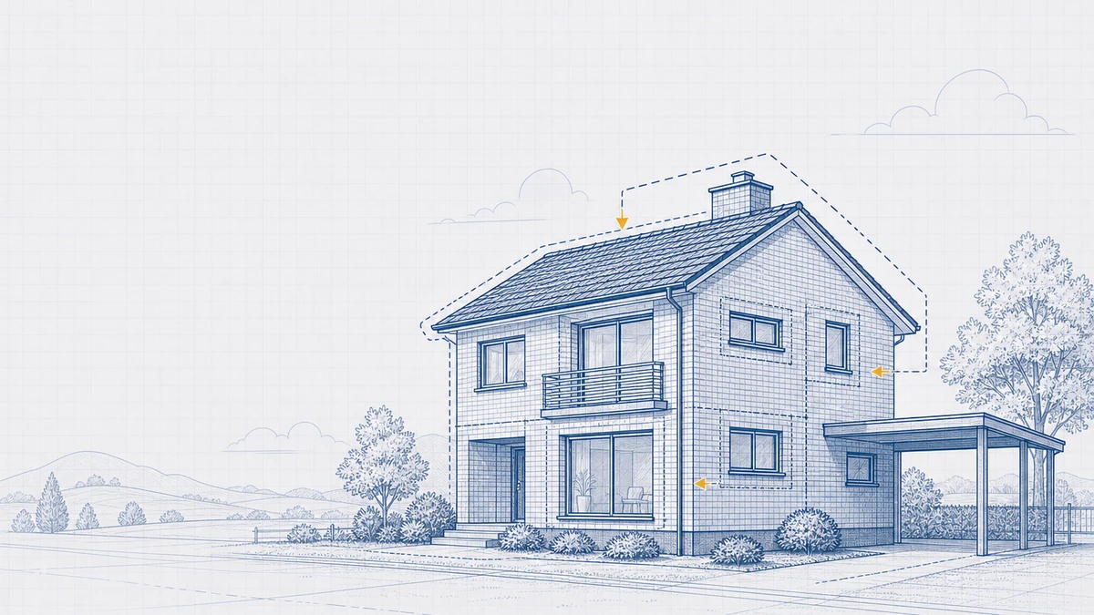 Freistehendes Ziegel-Einfamilienhaus der 1970er im Ammerland — Blueprint-Illustration mit Sanierungsebenen