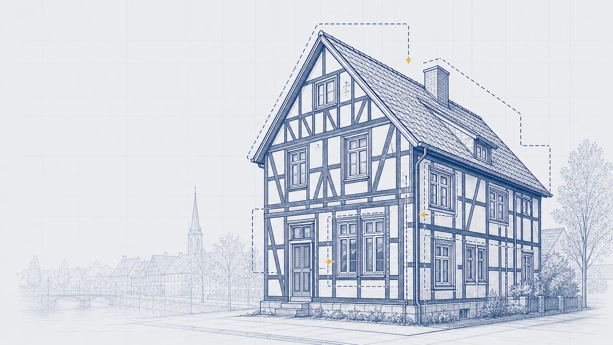Fachwerk-Altstadt an der Hunte in Wildeshausen — Blueprint-Illustration mit Sanierungsebenen