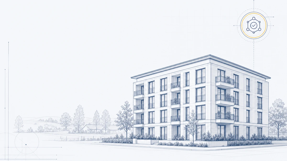 modernes Neubau-Mehrfamilienhaus am Dorfrand mit angedeuteter Landschaft, Blueprint-Vektor, QNG-Audit-Andeutung o.r.