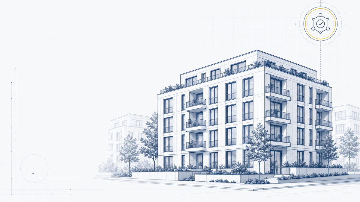 stadtnahes modernes Neubau-MFH mit angedeuteten Nachbargebaeuden.