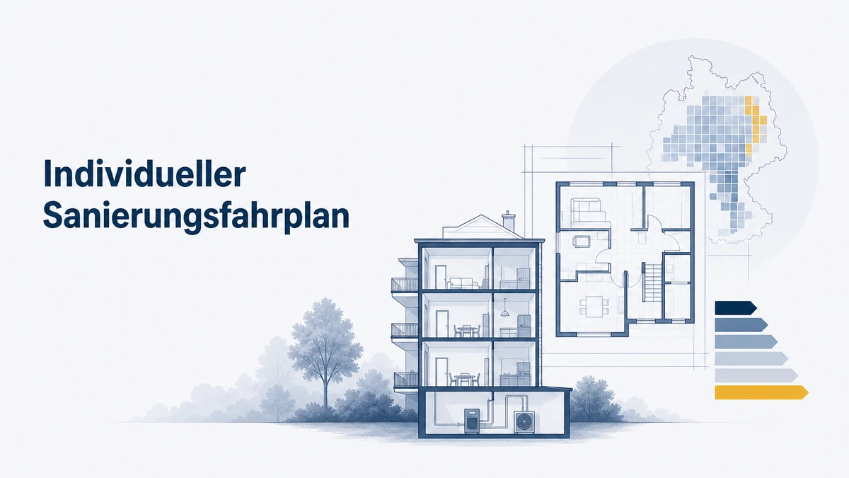Individueller Sanierungsfahrplan (iSFP) als gestuftes Sanierungskonzept — Blueprint-Illustration eines norddeutschen Wohngebäudes
